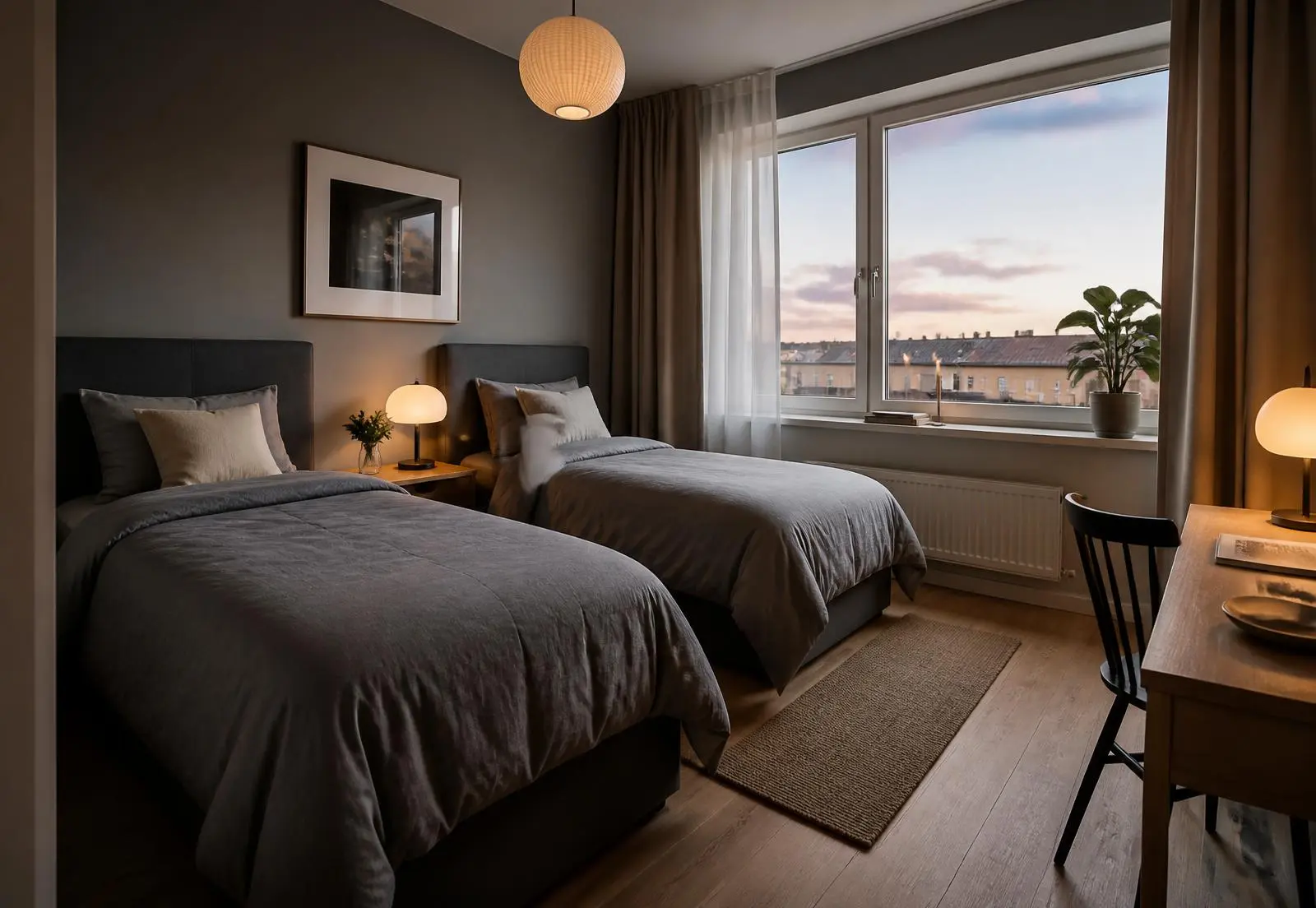 Möblerat delat sovrum med två bäddar i en företagslägenhet i Göteborg